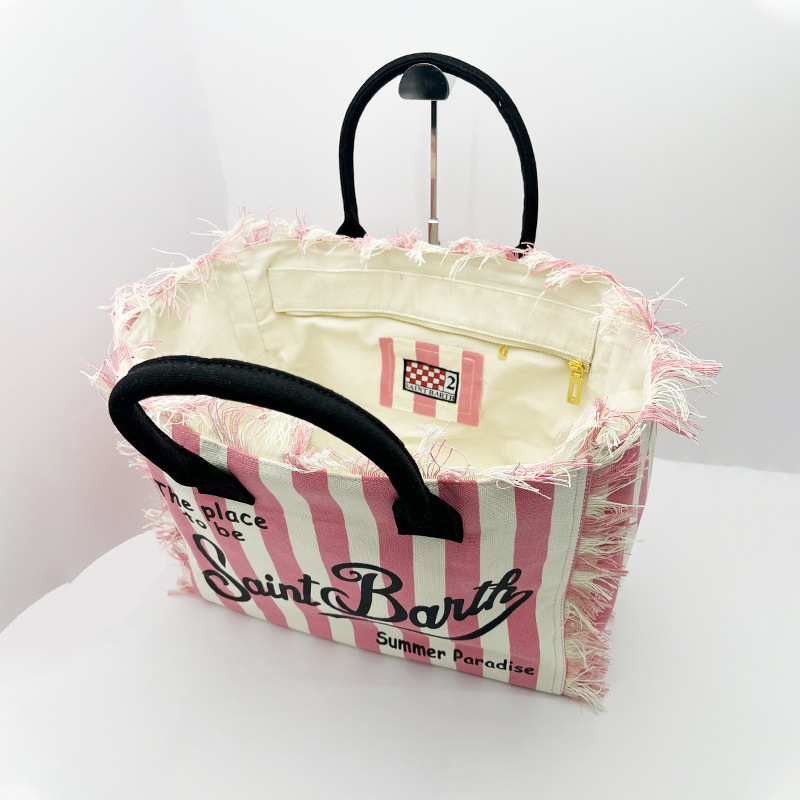 Saint Barth European And American New Women's Large Capacity Casual Beach Canvas Striped Tassel Handheld Tote Bag