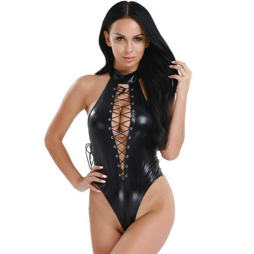 Sexy Lingerie for Women Glossy Patent Leather Bodysuit Stage Buckle Strap Tie-up Pole Dance Jumpsuit