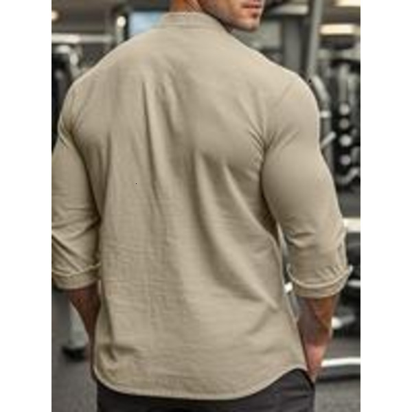 Men's Linen Long Sleeve Shirt, Stand Collar Button Front Breathable Casual Longsleeves Henley Top, Perfect for Spring & Summer Wear, Menswear