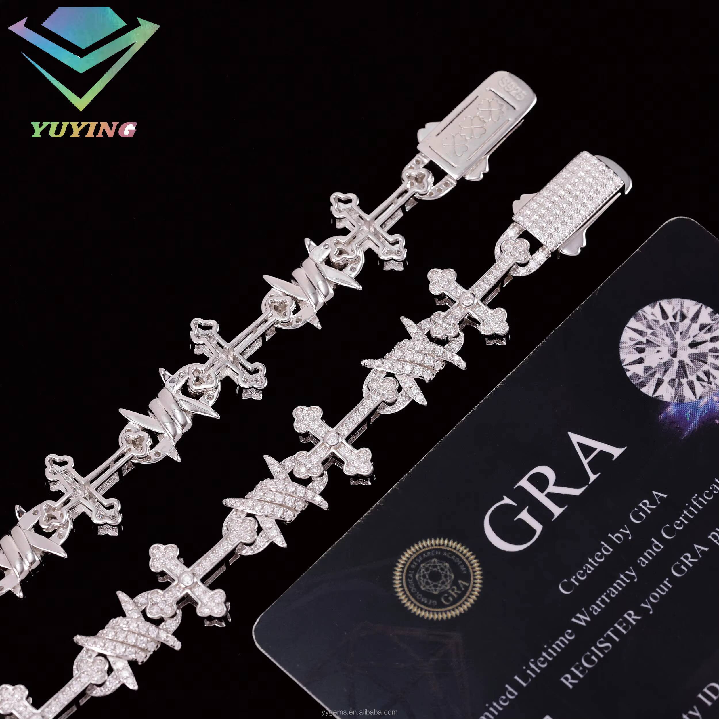 Hip Hop Luxury Gift Men 14mm 925 Sterling Silver VVS Moissanite Diamond 925 SIlver Iced Out Cross Link Chain Bracelet