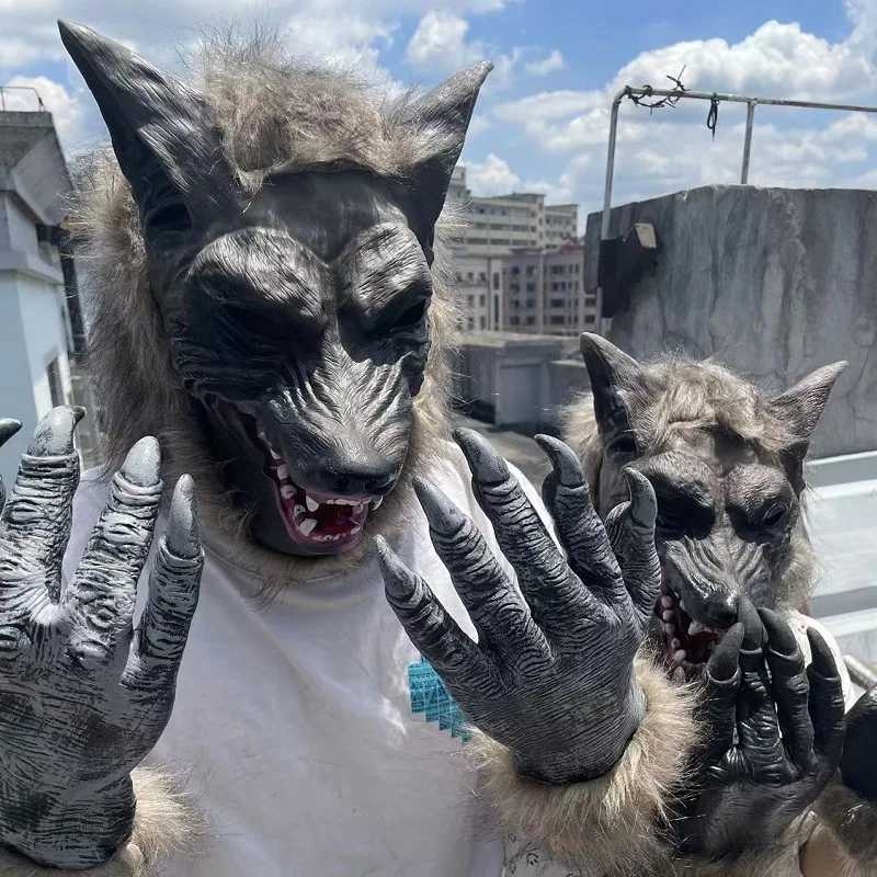 Horror Werewolf Costumes Halloween Cosplay Wolf Mask Werewolf Claws Set Gloves Terror Role Play Prank Props Creepy Wolf Headgear L250918