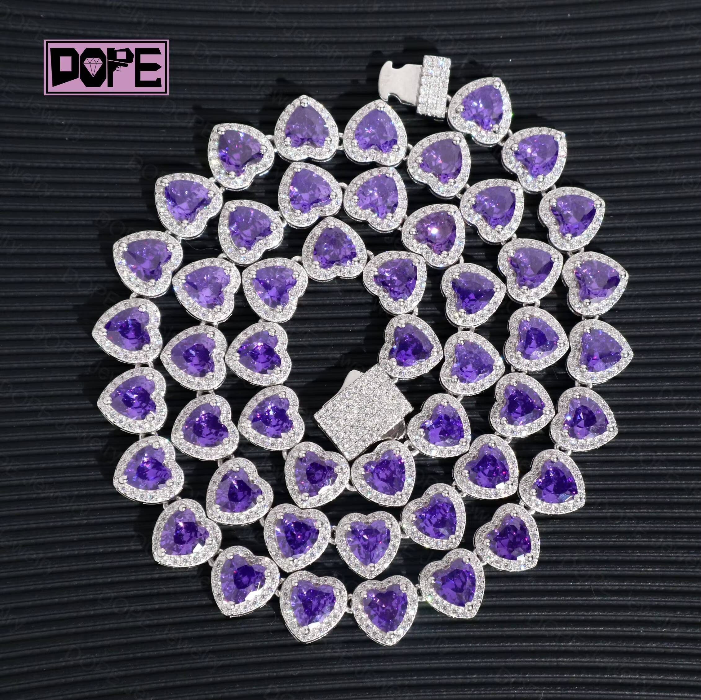 Hip Hop 10mm Moissanite Tennis Chain Cluster Heart Shape Iced Out 925 Sterling Silver Heart Tennis Necklace