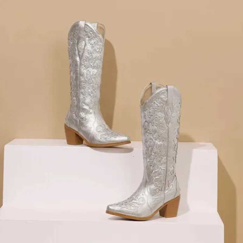 Bling Crystals Retro Western Cowboy Kneehigh Boots for Women 2025 Sewing Floral Cowgirl Shoes Boots W250919