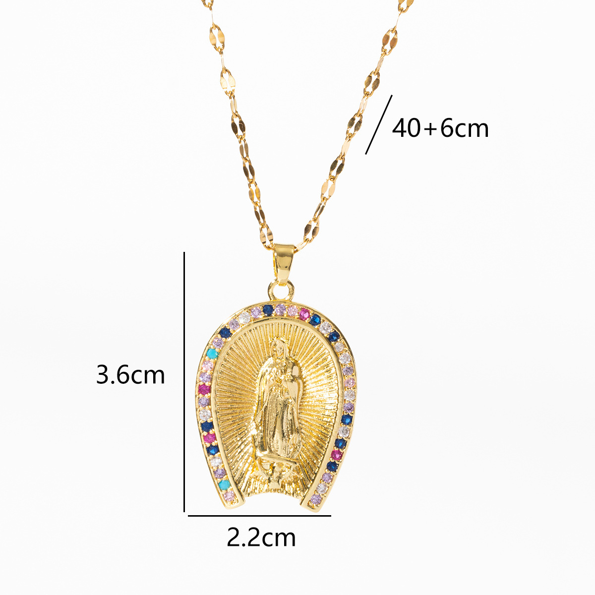 Gold - Toned Oval Religious Pendant Necklace With Colorful Gemstones And Filigree Detail Delicate Daily & Sophisticated Jewelry Gift For Her Premium A
