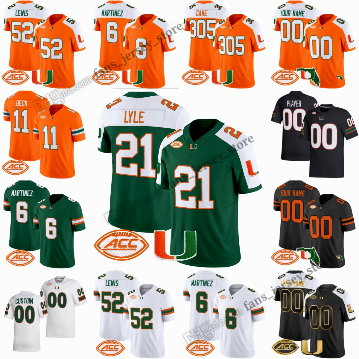 2025 Custom S-6XL Miami Hurricanes Football Jersey 1 Cam Ward 11 Carson Beck 6 Damien Martinez 4 Mark Fletcher Jr. 305 Cane 52 Ray Lewis 20 Ed Reed Lyle Bain Fitzgerald