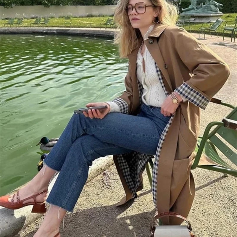 Women Casual Khaki Plaid Lined Lapel Trench Coats 2025 Autumn Single Breasted Loose Jacket Female Chic Overcoat Streetwear 250918