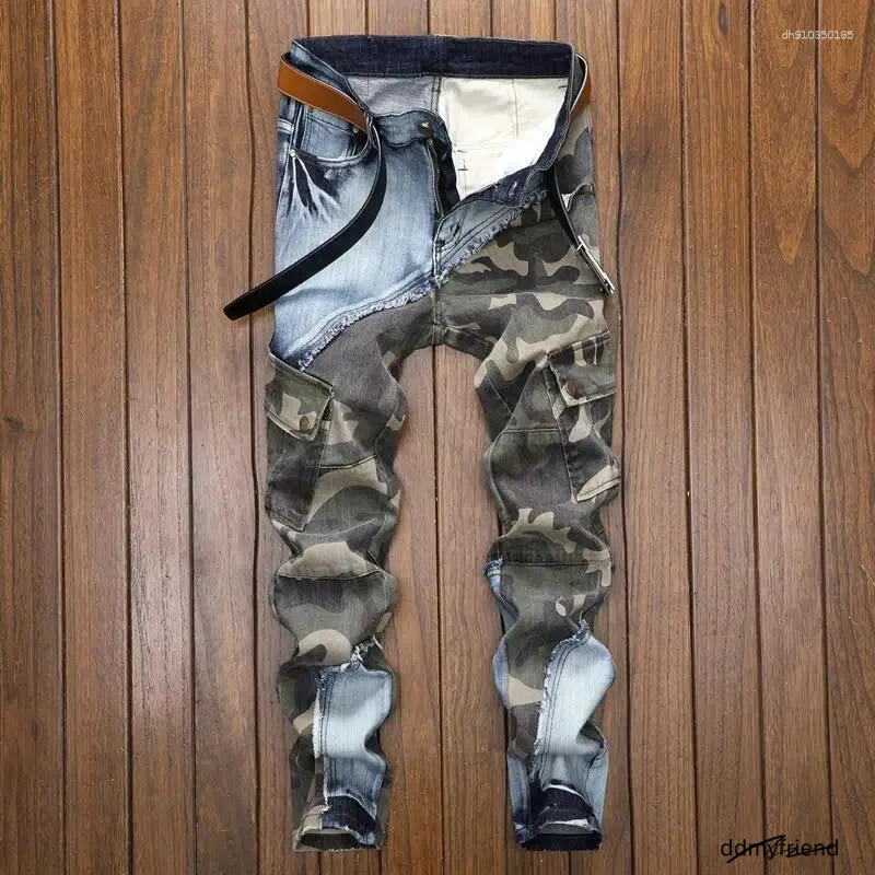 Men's Jeans Patchwork Fashion Retro Slim Fit Elastic Pencil Pants Male Denim Camouflage Cowboy Long Trousers ddmyfriend