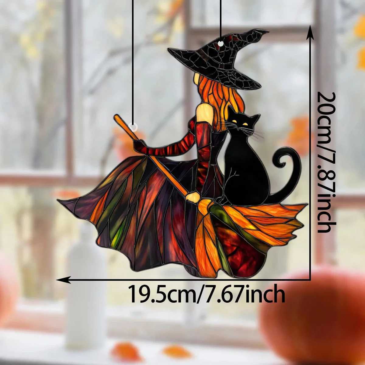 Gothic Acrylic Witch Black Cat Suncatcher Halloween Window Decoration Wind Chime Broom Witch Hanging Ornament for Home Party C250919