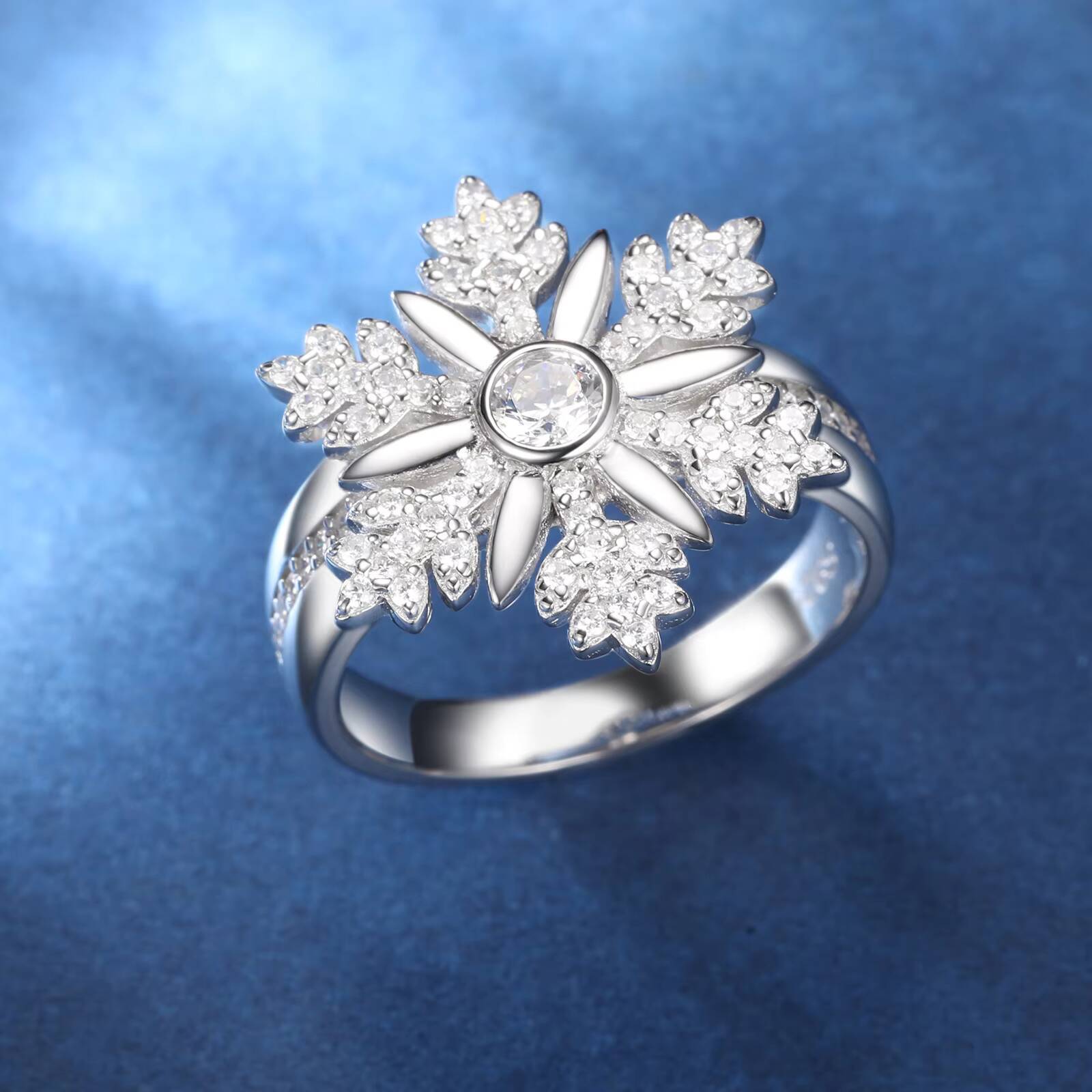 Trendy Christmas Jewelry Gift High Quality White Gold 925 Sterling Silver VVS Moissanite Diamond Snowflake Ring for Women