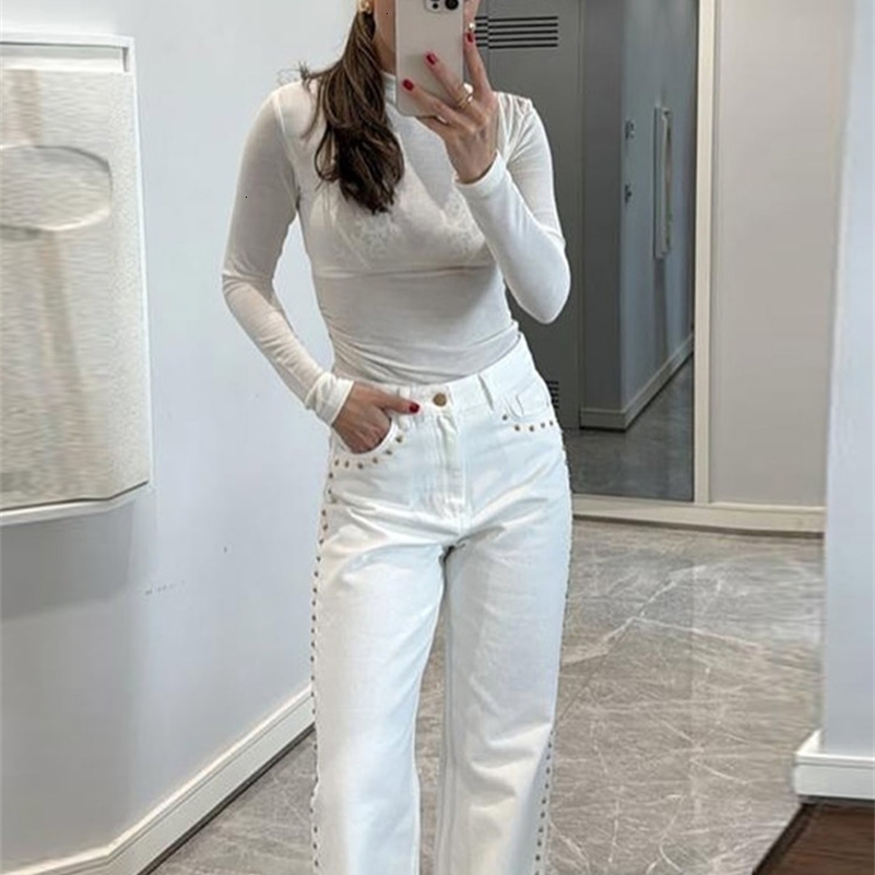 Street Bead White Jean Women Chic Baggy Wide Leg Straight Pocket Zipper Denim Long Pants 2025 Spring Casual Commute Lady Trouser Z260313