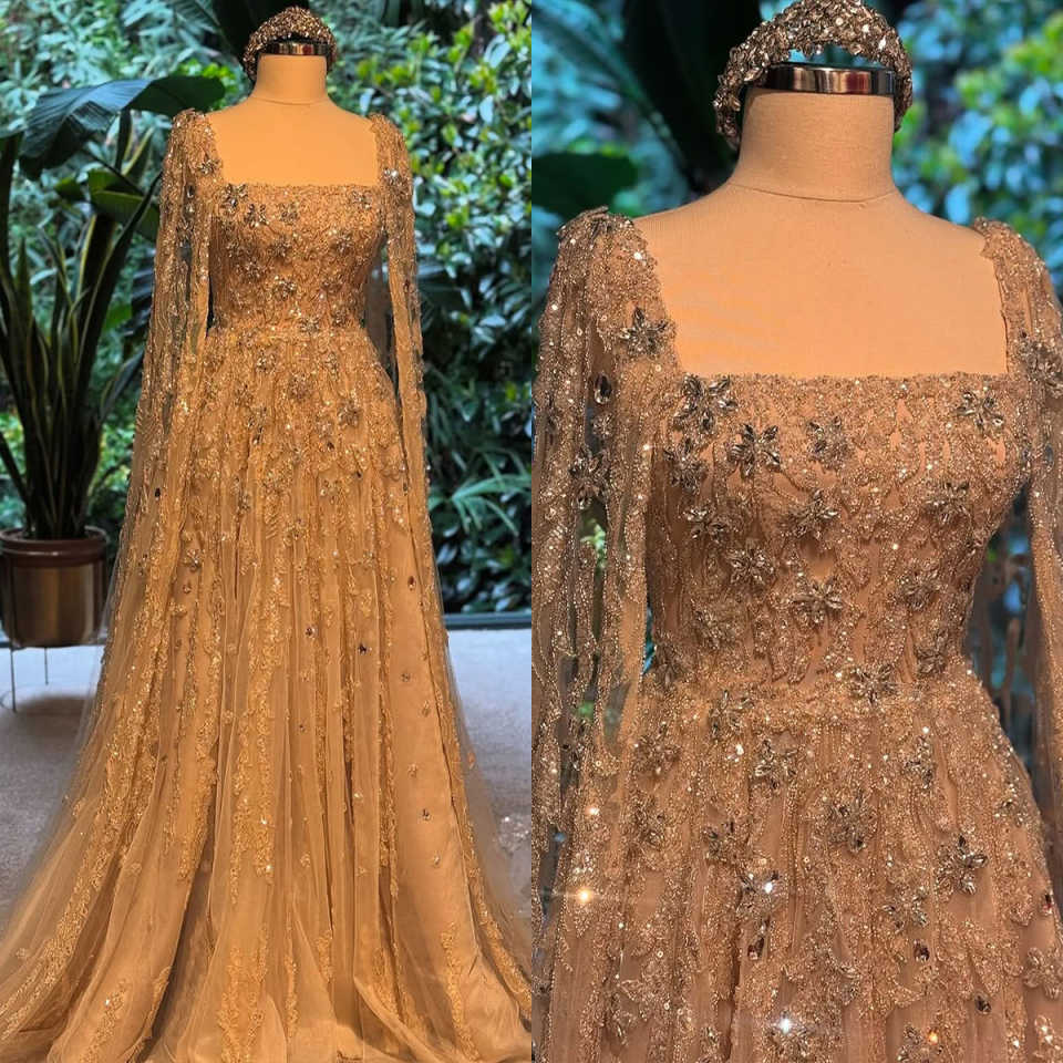 New Evening Dress Long Sleeve A-line Prom Gowns Shine Beads Satin Square Neck Prom Dress Crystals Robes De Mariee Customized vestido de novia H25697