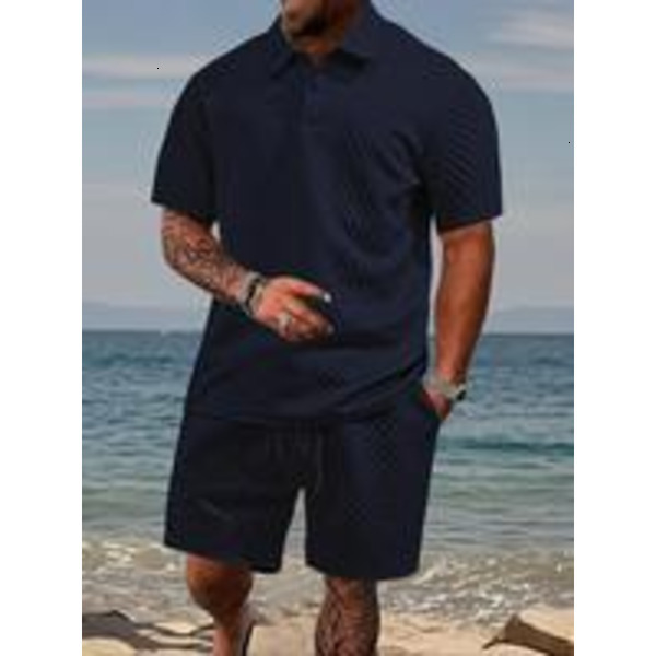 Solid Jacquard Short Sleeve Tee Shorts Set, Loose Casual Round Neck T-shirt & Shorts, Men's Summer Clothes for Beach Vacation