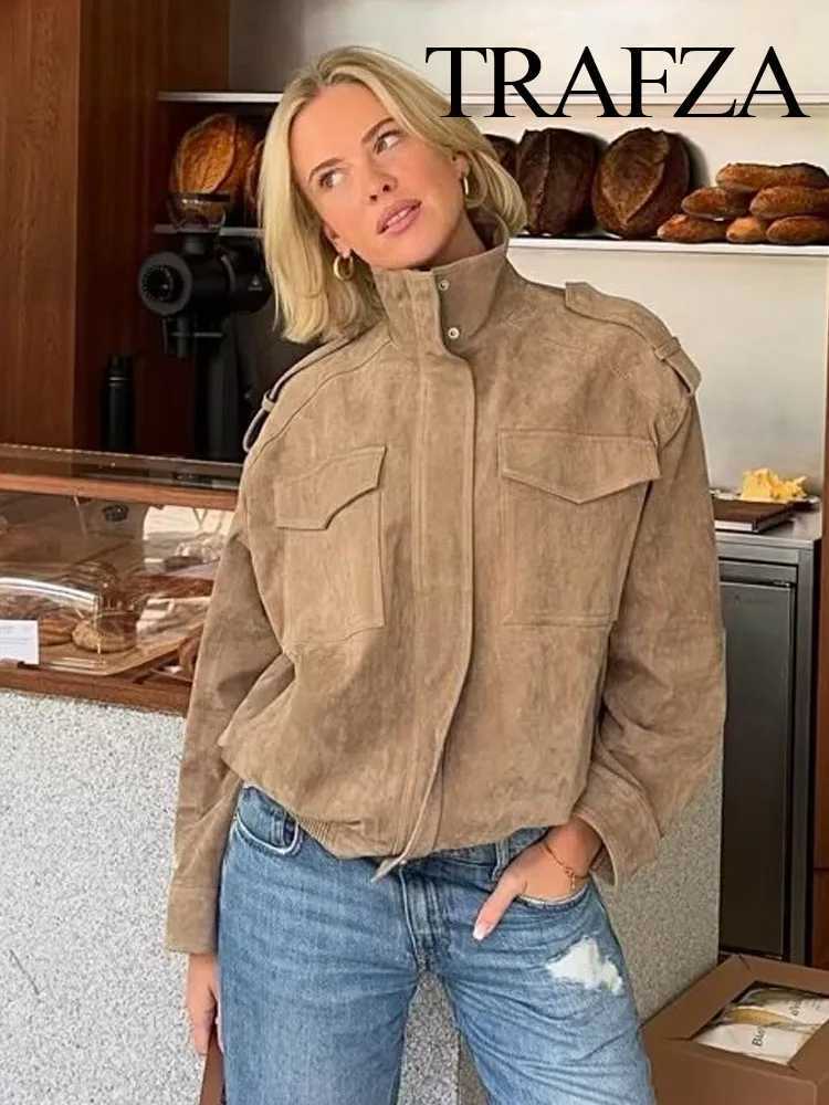 TRAFZA Womens New Fashion Long Sleeves Jackets Solid Turtleneck Pocket Decoration Zipper Female Autumn High Street Coats Z250918