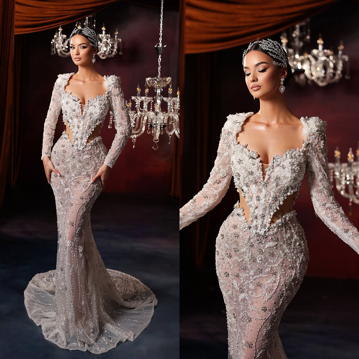 Gorgeous Mermaid Wedding Dress Sweetheart Neck Long Sleeves See Through Bridal Gowns Pearls Crystal Sweep Train Dresses Custom Made vestidos de novia