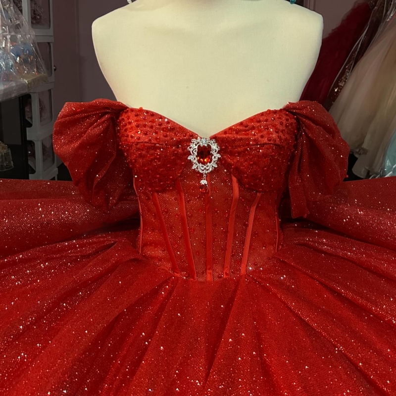 Red Shiny Quinceanera Dresses Off The Shoulder Beads Bow Tull Party Birthday Sweet 16 Dress Vestidos De 15 Anos