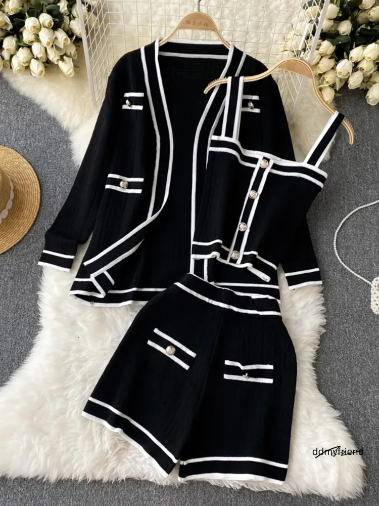 Casual Long Sleeve V Neck Cardigan Jacket Sling Vest Waist Shorts High Quality Chic Button Knitted Vintage 3 Piece Sets 250723 ddmyfriend