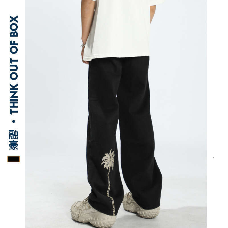 American Style Loose Coconut Tree Embroidery Jeans Men High Street Casual Casual Wide Leg Black Straight-Leg Pants B5