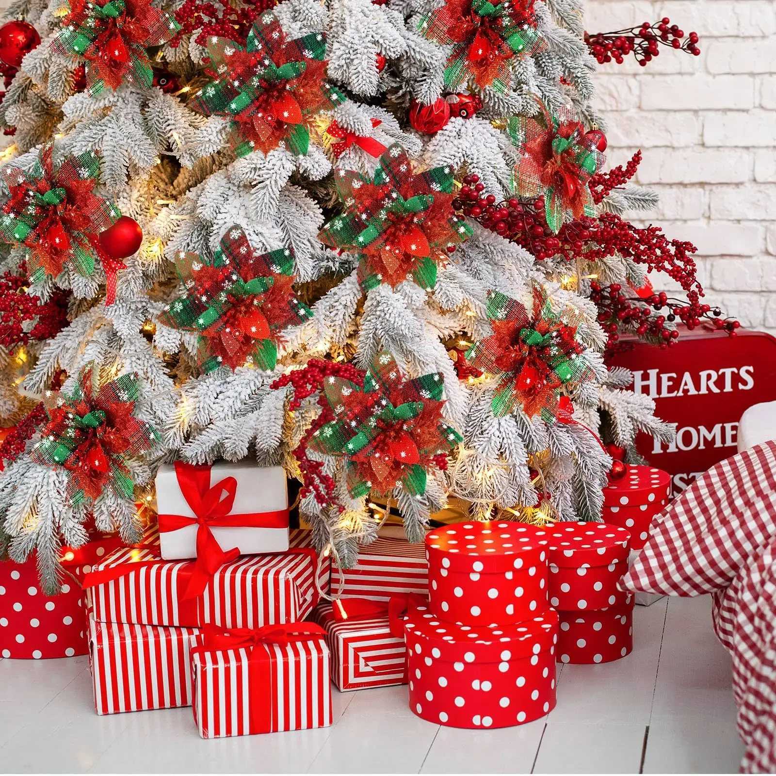 5PCS Glitter Christmas Poinsettia Artificial Flowers with Clips Stems for Xmas Tree Wreath DIY Wedding Home New Year Decorations C250919