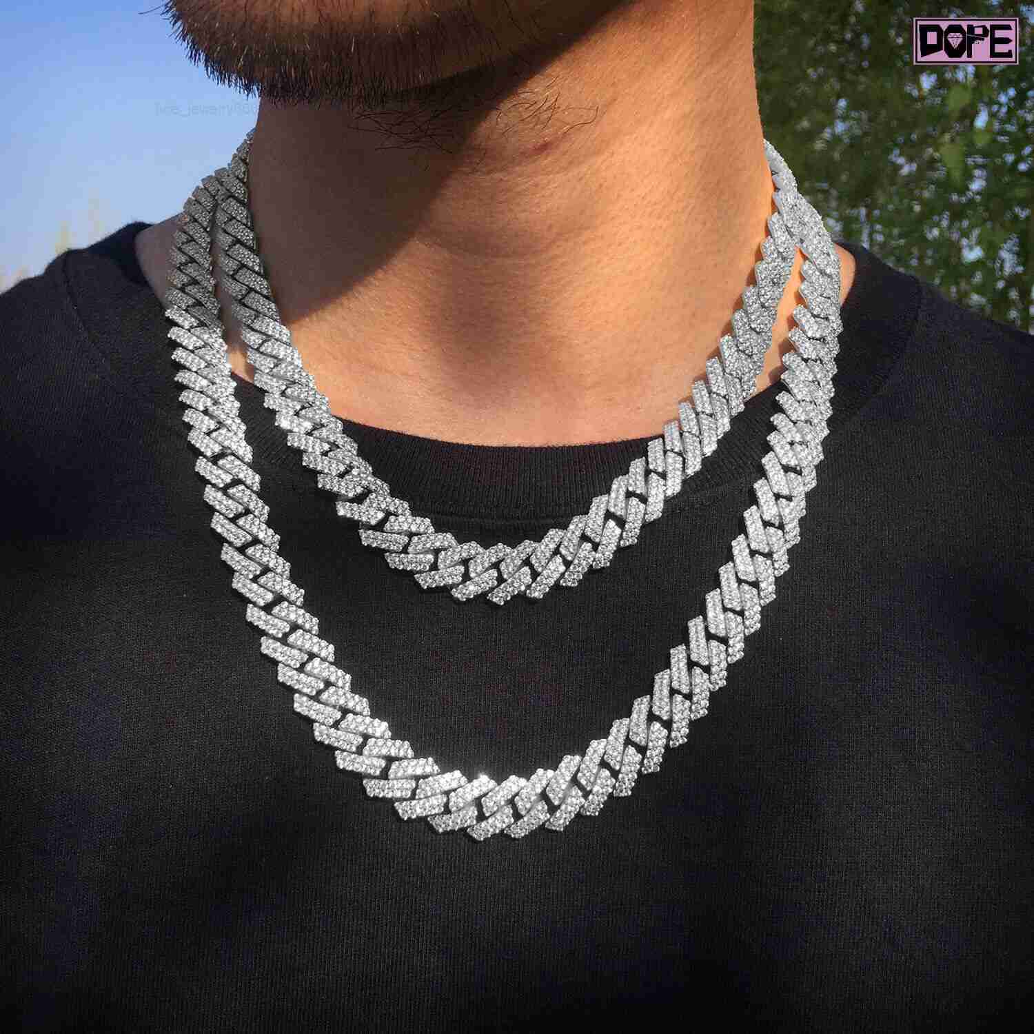 Rappers 12mm Cuban Link Chain 2 Rows Stunning Iced Out Men 925 Silver VVS Moissanite Cuban Chain