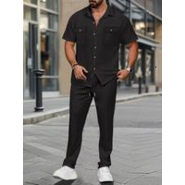 Men's New Solid Color Button Pocket Shirt Long Pants Set, Casual Knit Two-Piece for European and American Style