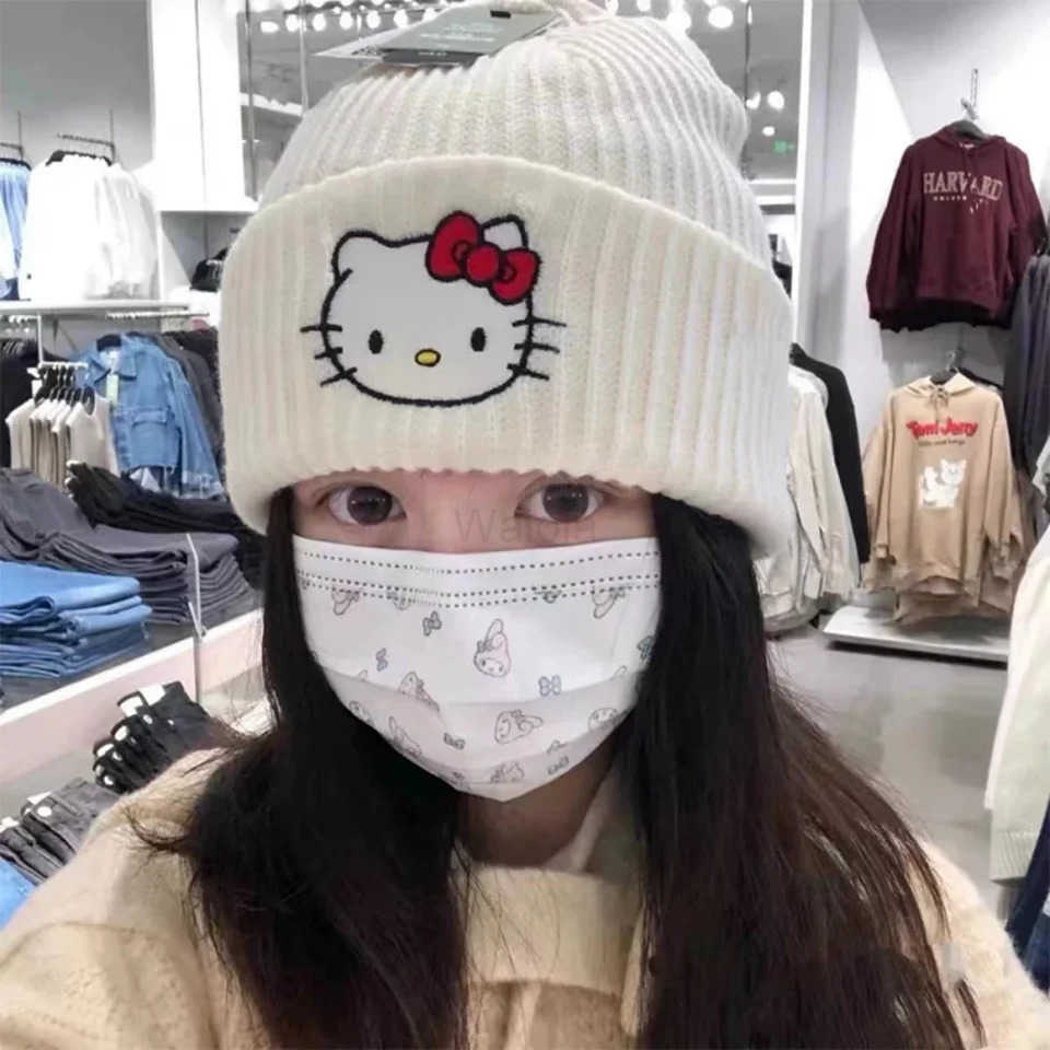 Sanrio Kawaii Saniro Hello Kitty Winter Knitted Cap Cartoon Kt Cat Wool Embroidery Knitted Cap Warm Cap Couple Set Head Hat Girls Gifts L250919