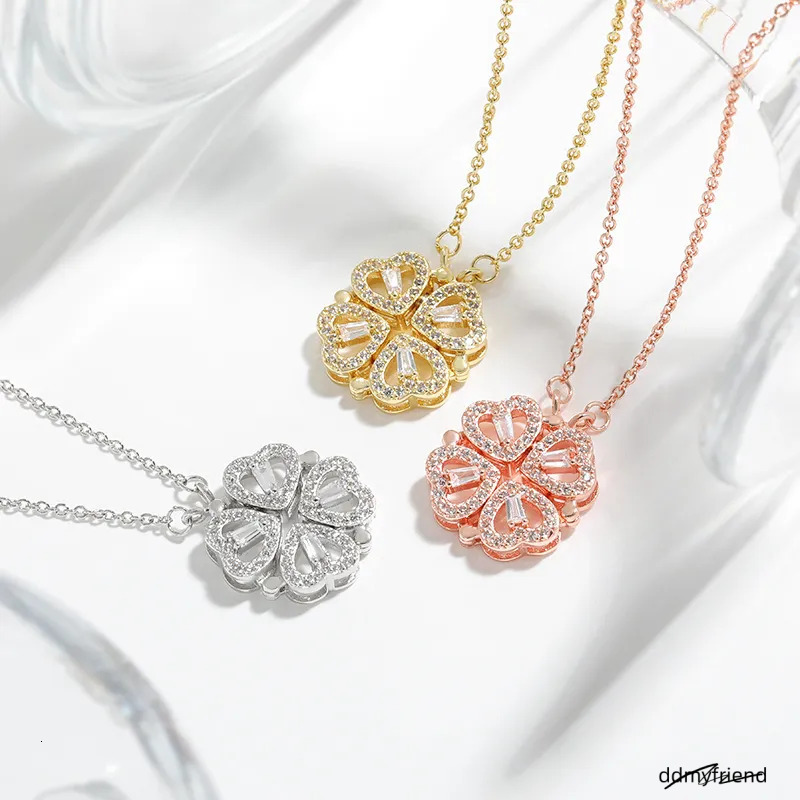 Clover Real Gold Plated Opeanable Four Heart Pendent Austrian Crystal Necklace For Women Creative Design 2 Wearing Ways Wedding Jewelry ddmyfriend