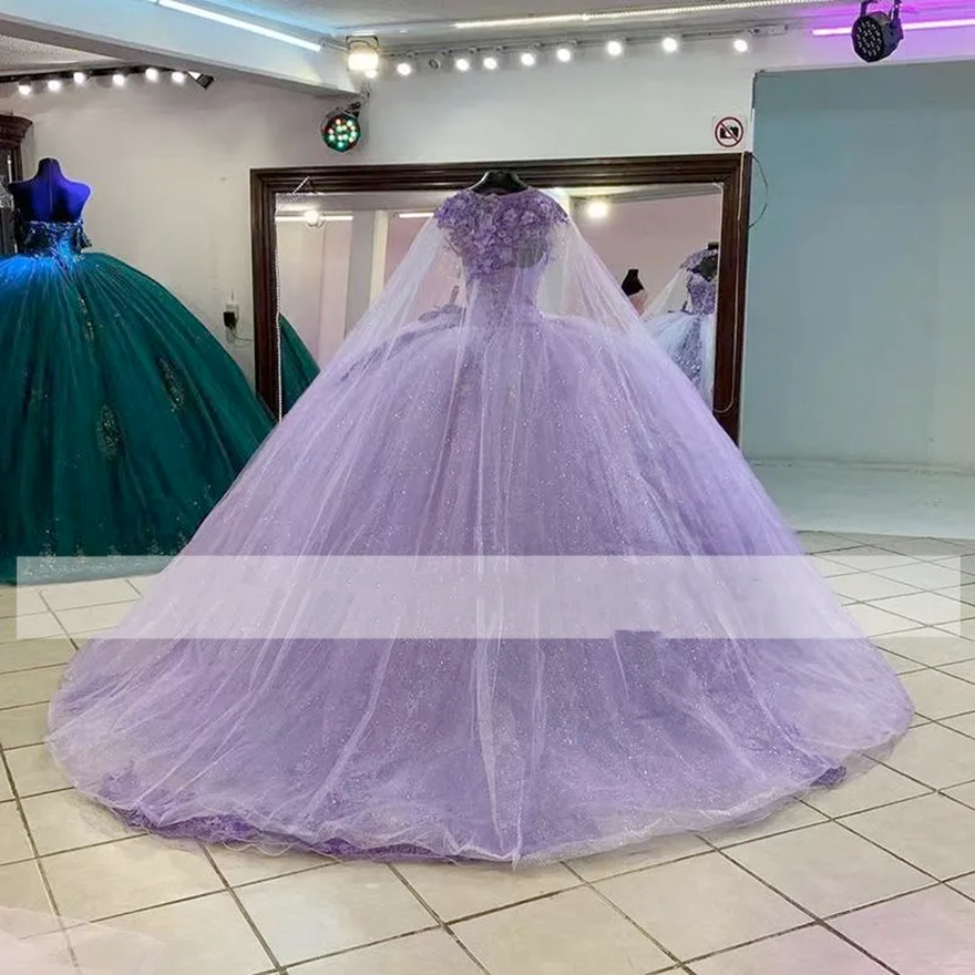 Lilac Floral Lace Quinceanera Dresses with Cape Sweetheart Princess Puffy Ball Gown Long Tulle Prom Brithday 16 Dress Vestido 15 Anos