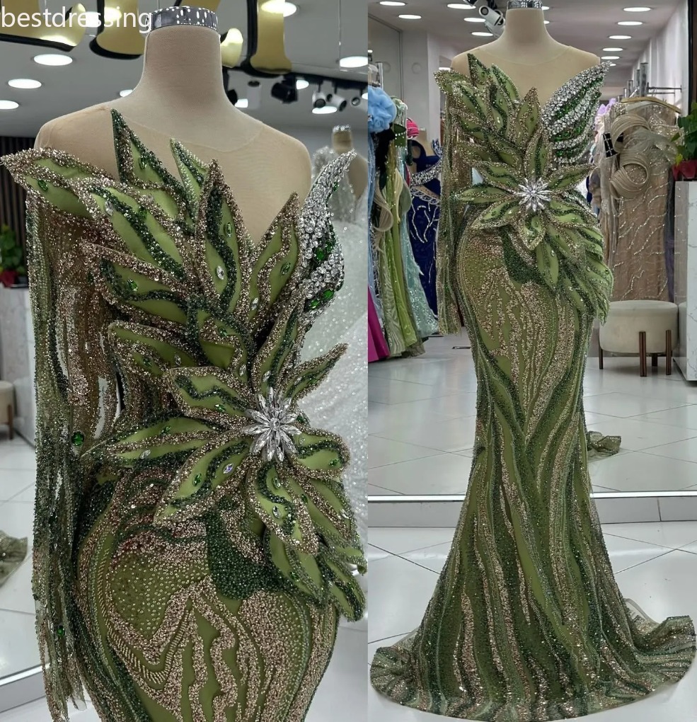 2025 Plus Size Olive Green Prom Dresses For Special Occasions Florals Rhinestones Sequined Evening Party Birthday Gowns Dress For Women Vestidos de no