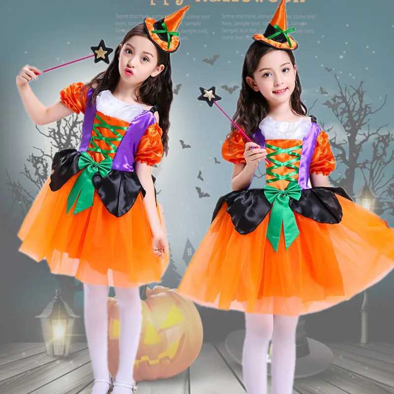 Girls Witch Costume 215Y Fairytale Wizard Dress with Hat Kids Halloween Pumpkin Print Baby Bat Spider Cosplay Outfit L250918