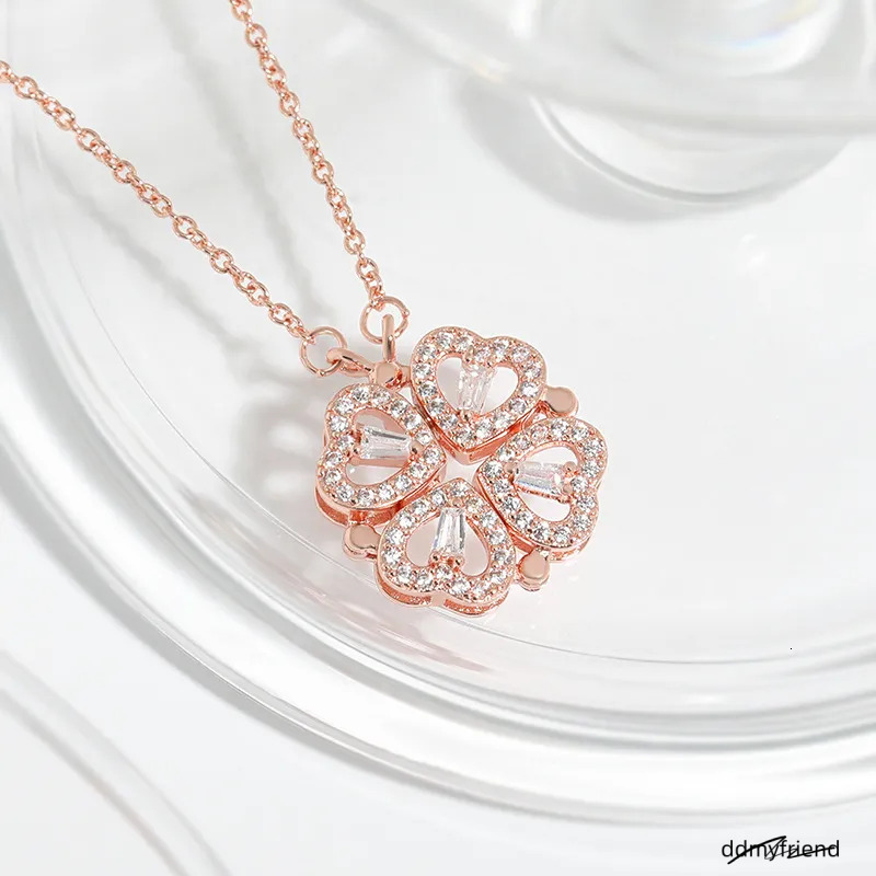 Clover Real Gold Plated Opeanable Four Heart Pendent Austrian Crystal Necklace For Women Creative Design 2 Wearing Ways Wedding Jewelry ddmyfriend