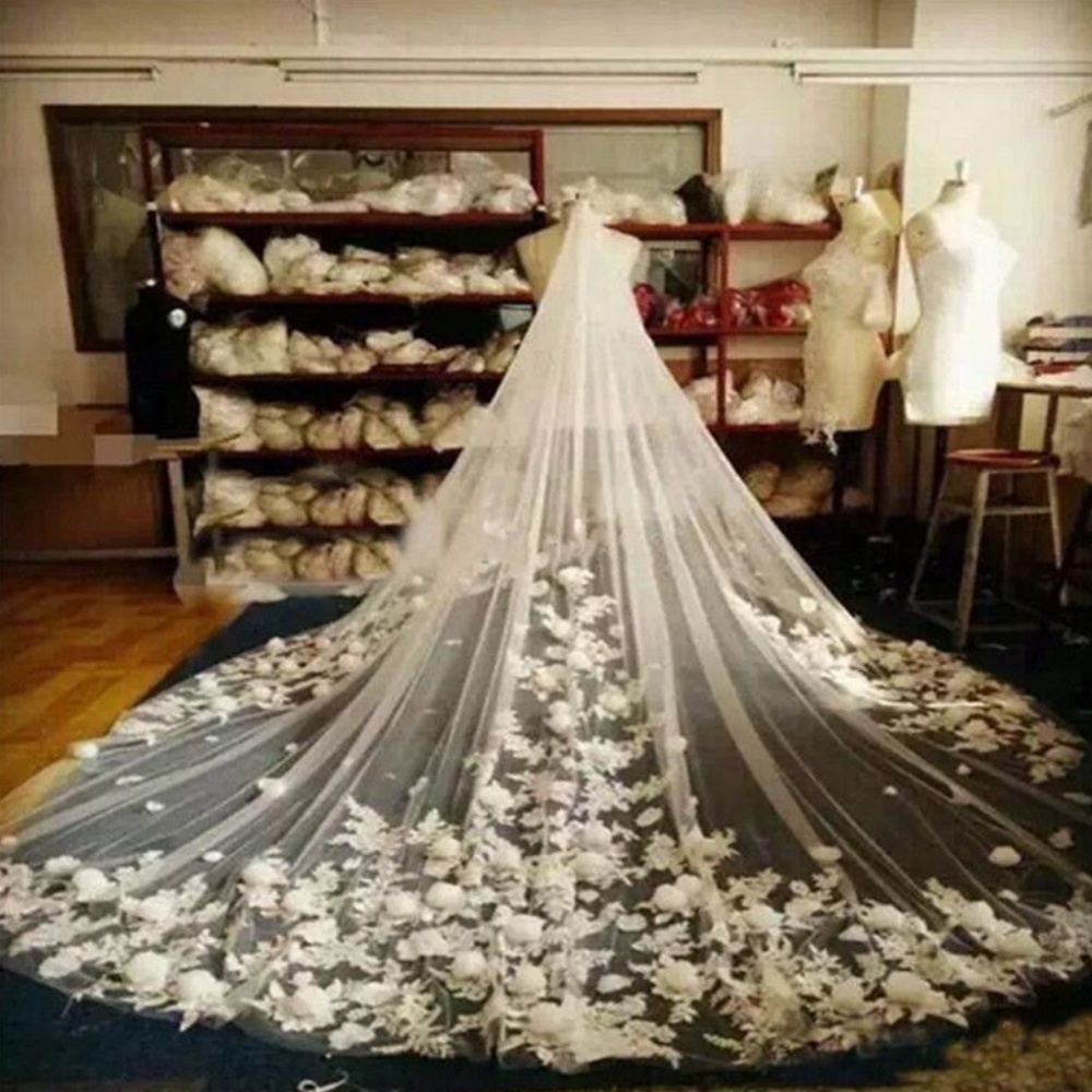 In Stock ! Velos De Novia 3D Flower Applique Cathedral Wedding Veil With Comb Soft Tulle Bridal Accessories A B C