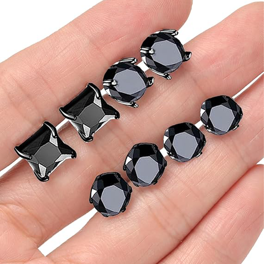12 Pairs Stainless Steel Stud Earrings Cubic Zirconia Cartilage Barbell Earring Set for Men Women Black Tone 8mm