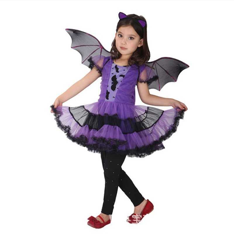 Girls Purple Bat Dress Kids Cosplay Vampire Demon Costume With Wing Headwear Halloween Carnivat Witch Role Play Clothes L250918