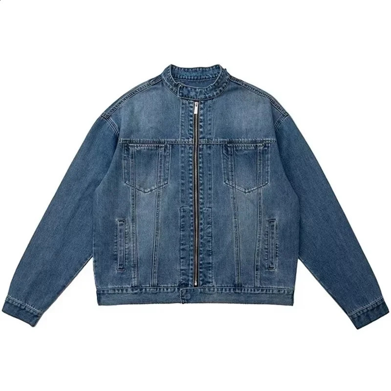 Retro Denim Jacket Autumn American High Street Washed Mens Stand Collar Cowboy Blue Jacket Fashion Jeans Outerwear Work Wear 250919