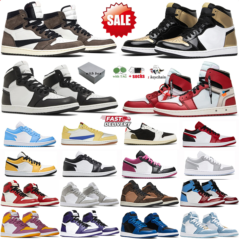 With Box Designer 1s Basketball Shoes High Low Sneakers Mocha Chicago University Blue Leather Hyper Royal Grey Red Dark Men Women Thick sole Trainers Size 36-47