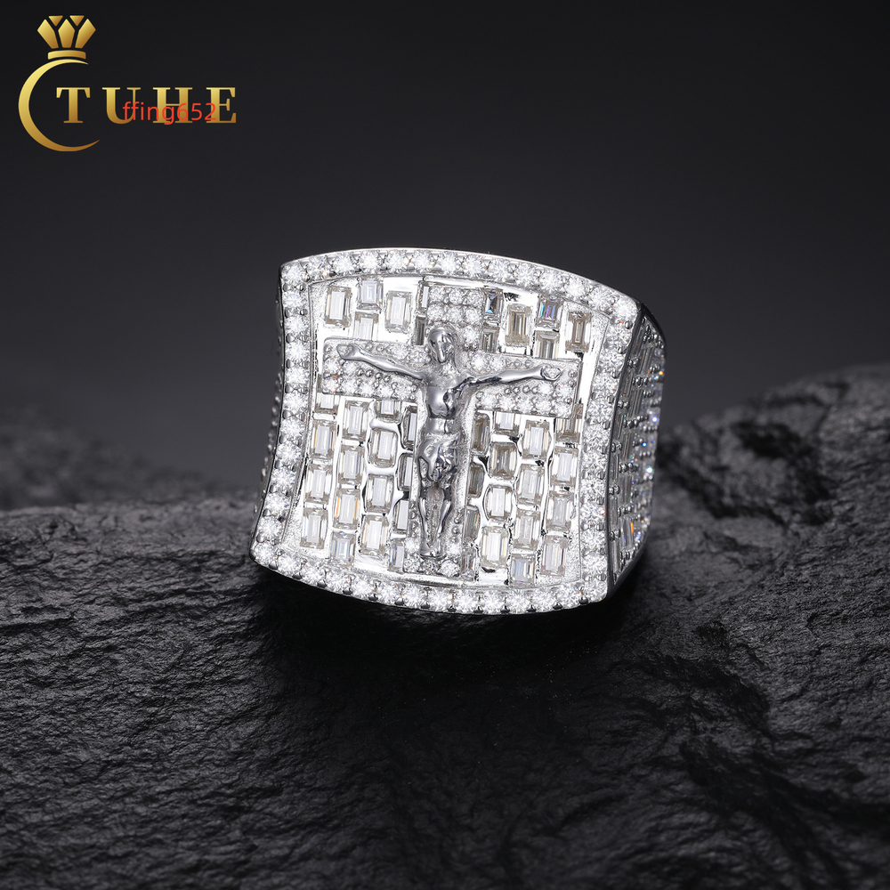 Wholesale Hip Hop Jewelry Custom 925 Sterling Silver VVS Baguette Moissanite Diamond Iced Out Crucifixion Stamp Mens Ring