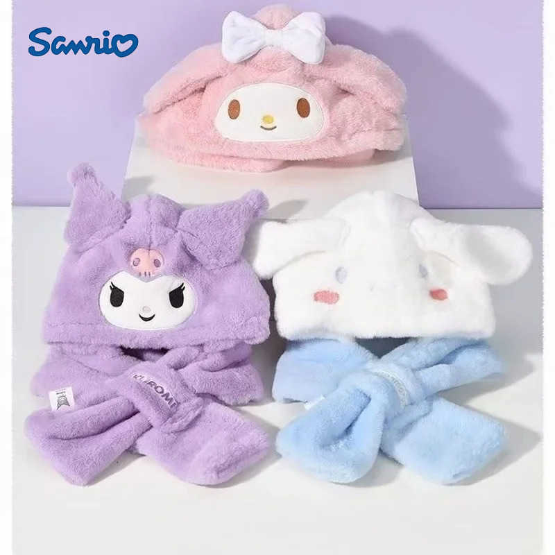 Sanrio ChildrenS Hat Scarf Integrated Winter Warm Cute Kuromi Anime Plush Cartoon Ear Protection Hat Gloves New Model L250919