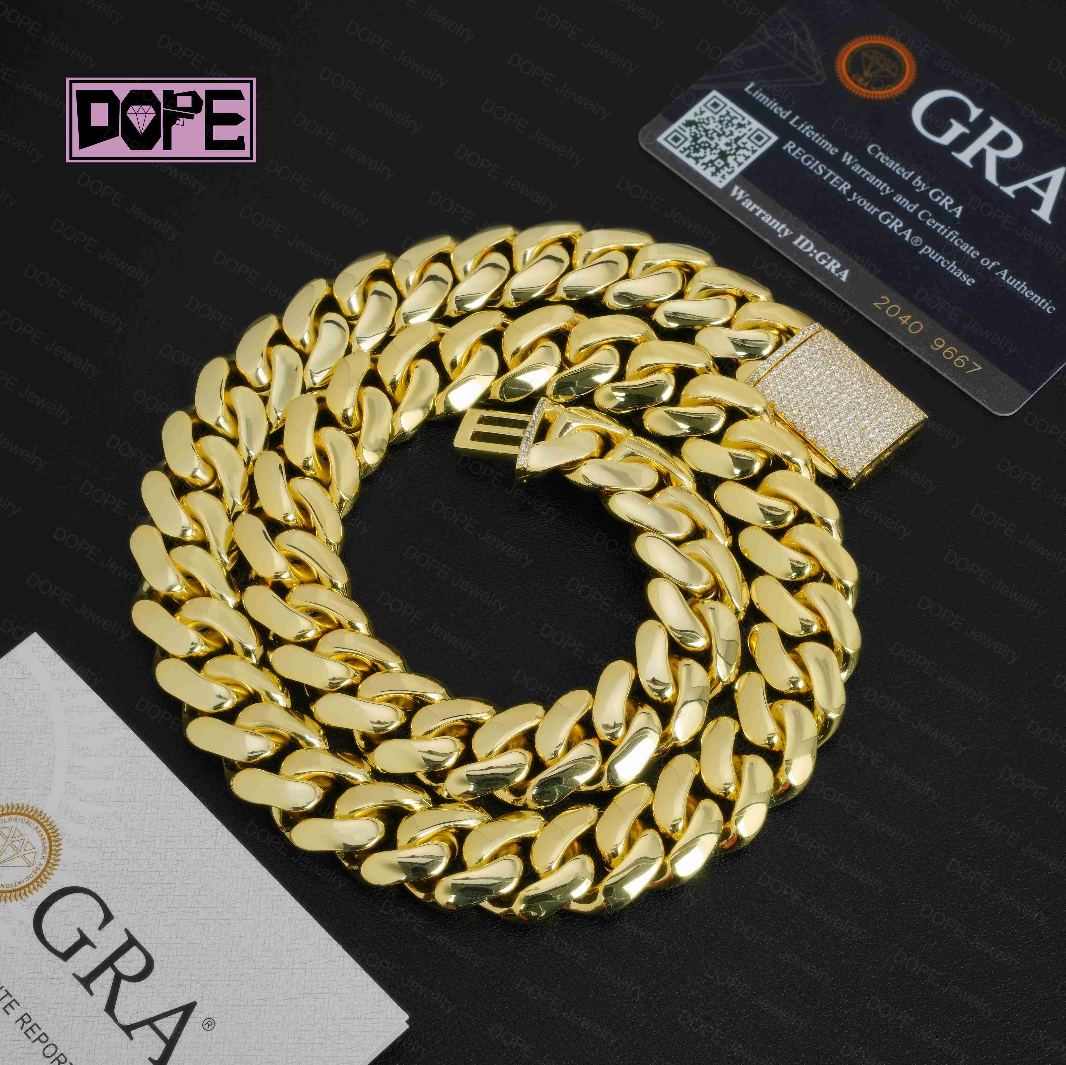 16mm Cuban Link Chain Hip Hop 14K 18k 20k Real Yellow Gold Plated Iced Moissanite Lock 925 Silver Plain Miami Cuban Link