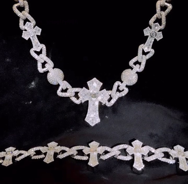 Iced Out Baguette VVS Moissanite Hiphop Cross Beads ChainBracelet 925 Sterling Silver Customized Trend Cuban Link Chain