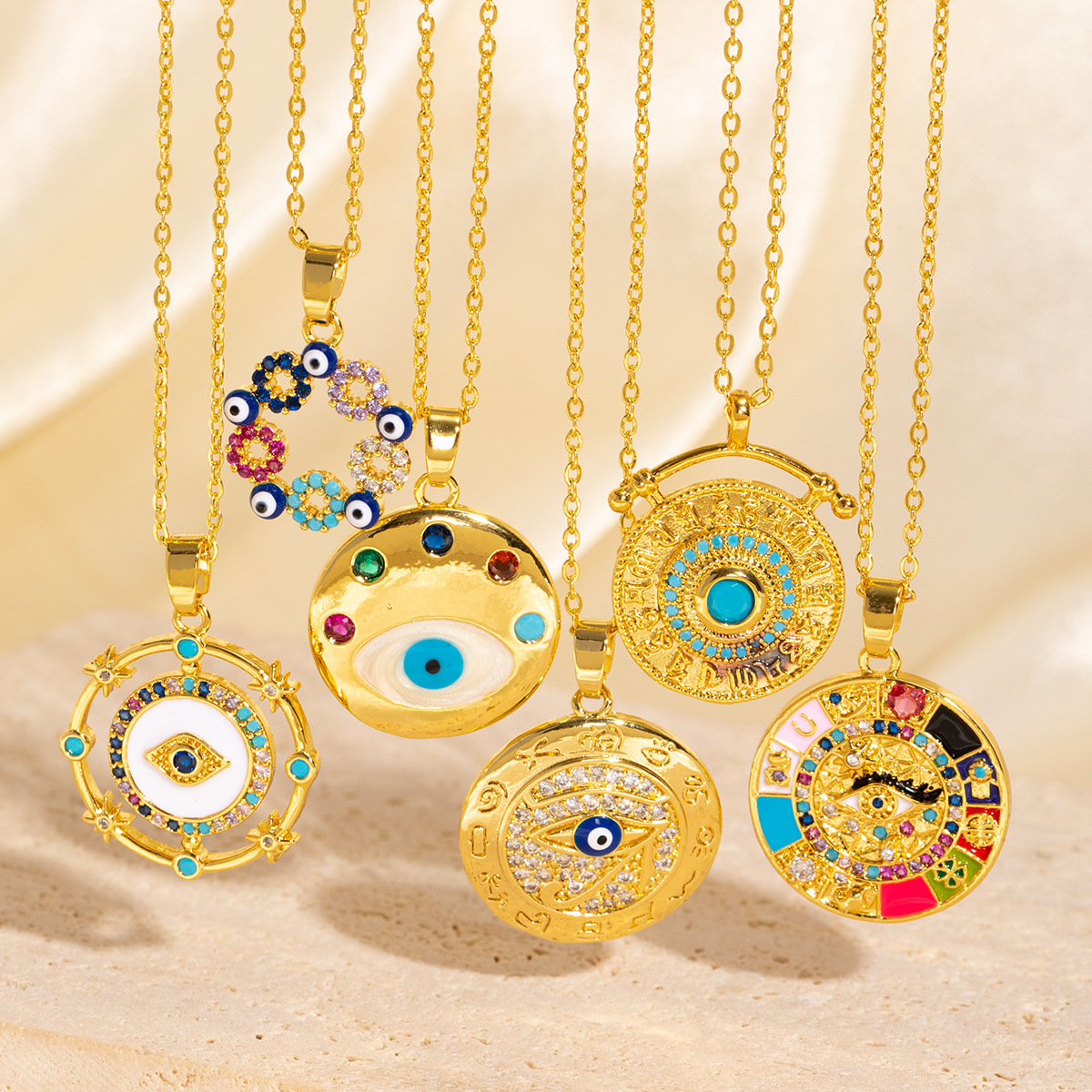 Designer Jewellery High Quality Gold Toned Round Evil Eye Pendant Necklace with Multicolor Gemstones for Daily Boho Chic Wear and Gifting Textured Uni