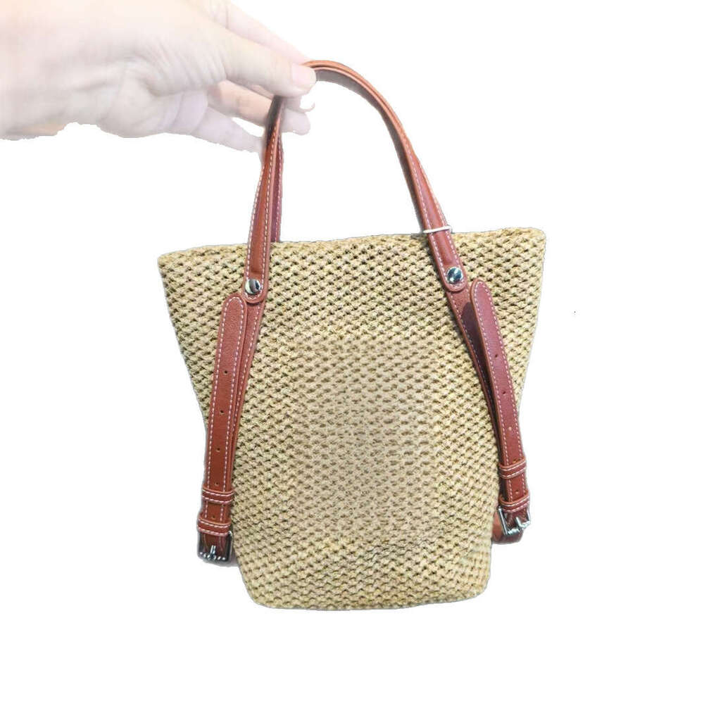 Raffia Straw Bucket Large Capacity Casual Vacation Patchwork Handbag Shoulder Underarm Crossbody Bag B5
