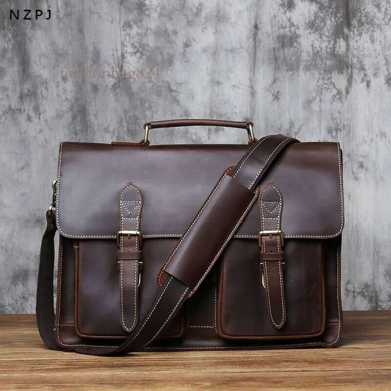 NZPJ Retro Men's Handbag Crazy Horse Horizontal Computer Top Layer Leather Men Casual Shoulder Messenger Bag