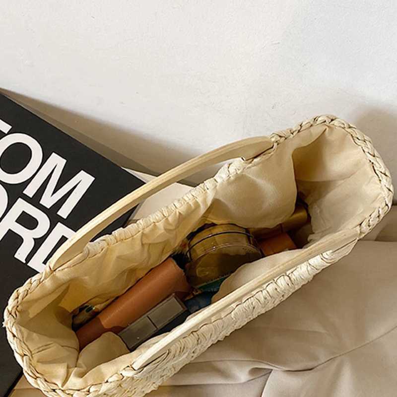 Wooden Handle Straw Bag For Women Handmade Woven Tophandle Bag Vacation Seaside Beach Bag Basket Casual Shopping Totes Basket Z250915