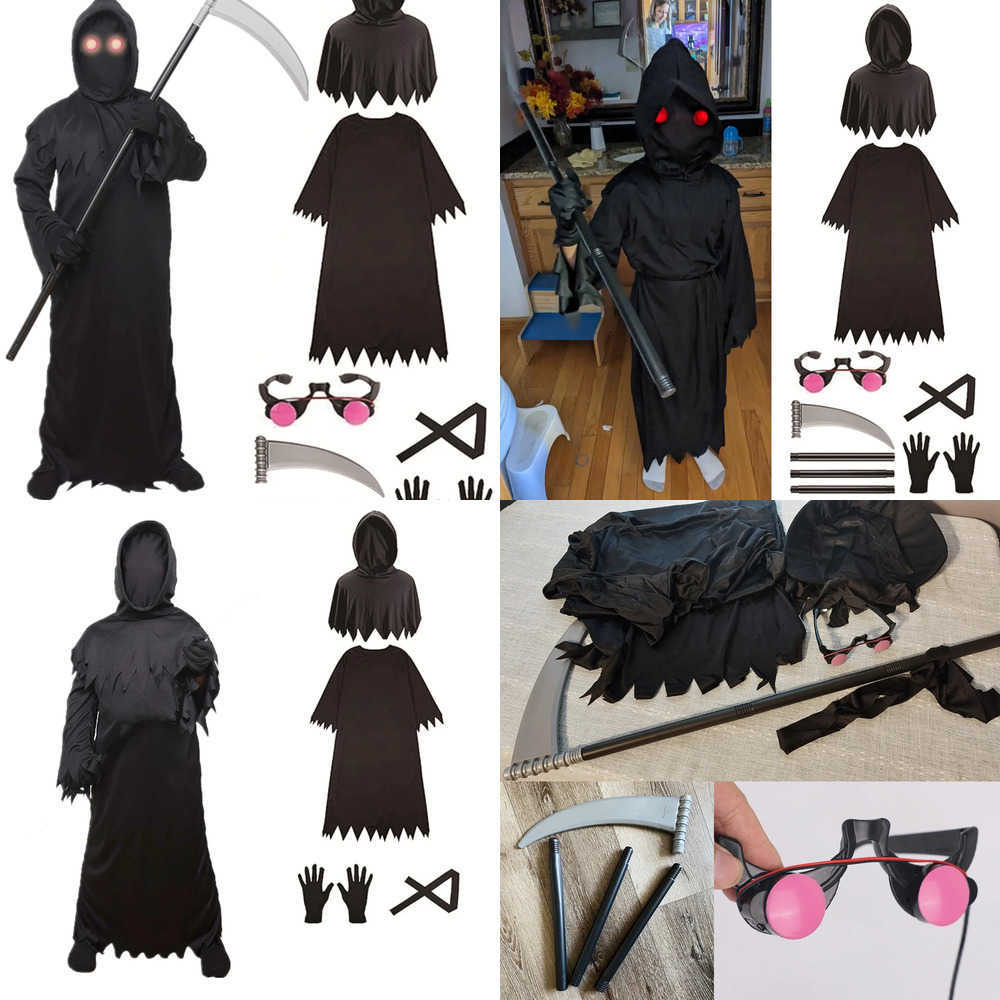 Grim Reaper Halloween Spooky Costume Children Cosplay Robe with Glow Red Eyes Death Scythe Party Scary Clothes L250918KQ2J