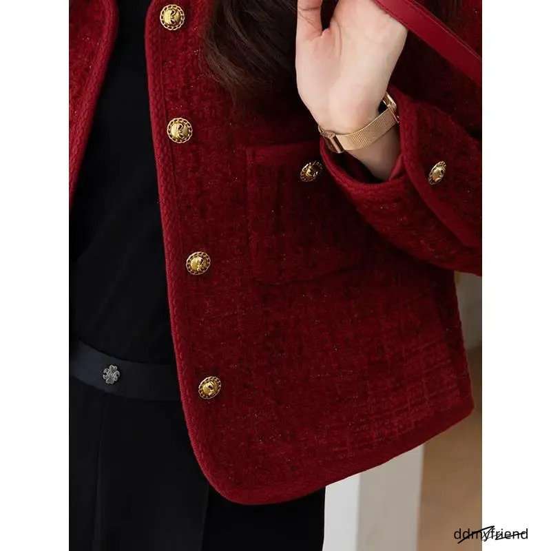 Vintage Tweed Jacket Women Autumn Red Single Breasted Short Coats Pockets Elegant Thickened Warm Female Lady Coat Mujer 240201 ddmyfriend