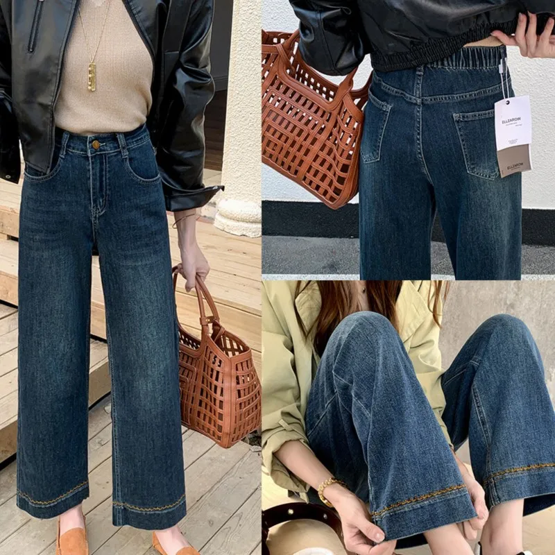 Fashion Plus Size Women's Jeans Autumn Of 2025 Slim Stretch Embroidery Hem Denim Straight Leg Ankle Length Pants