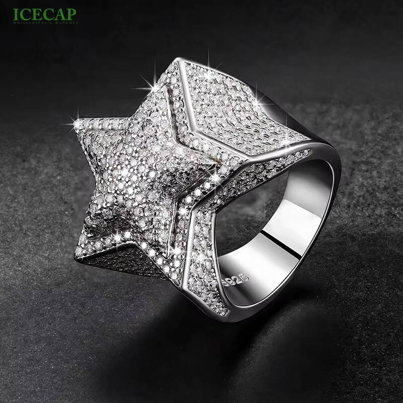 925 Silver Hip Hop Style StarShaped Moissanite Ring 15mm Round Passes Diamond Test