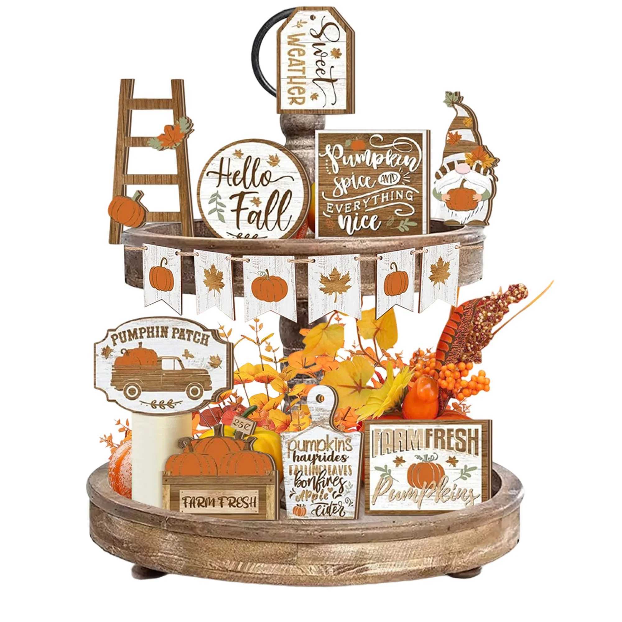 Fall Harvest Wooden Pumpkin and Maple Leaf Table Centerpiece Set of 12 Thanksgiving Tiered Tray Decorations for Home and Party C250919