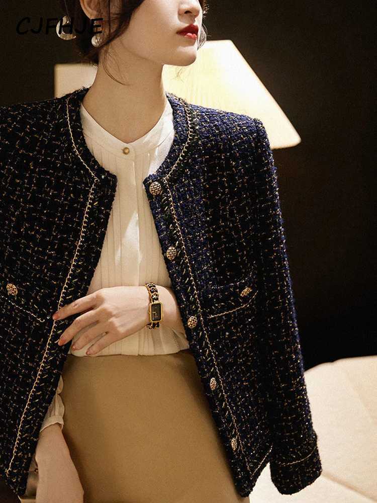 CJFHJE AllMatch Tweed Coat Female New Elegant ONeck Cropped Jacket Women Spring Autumn Korean Fashion Pockets Outwear Clothing Z250918