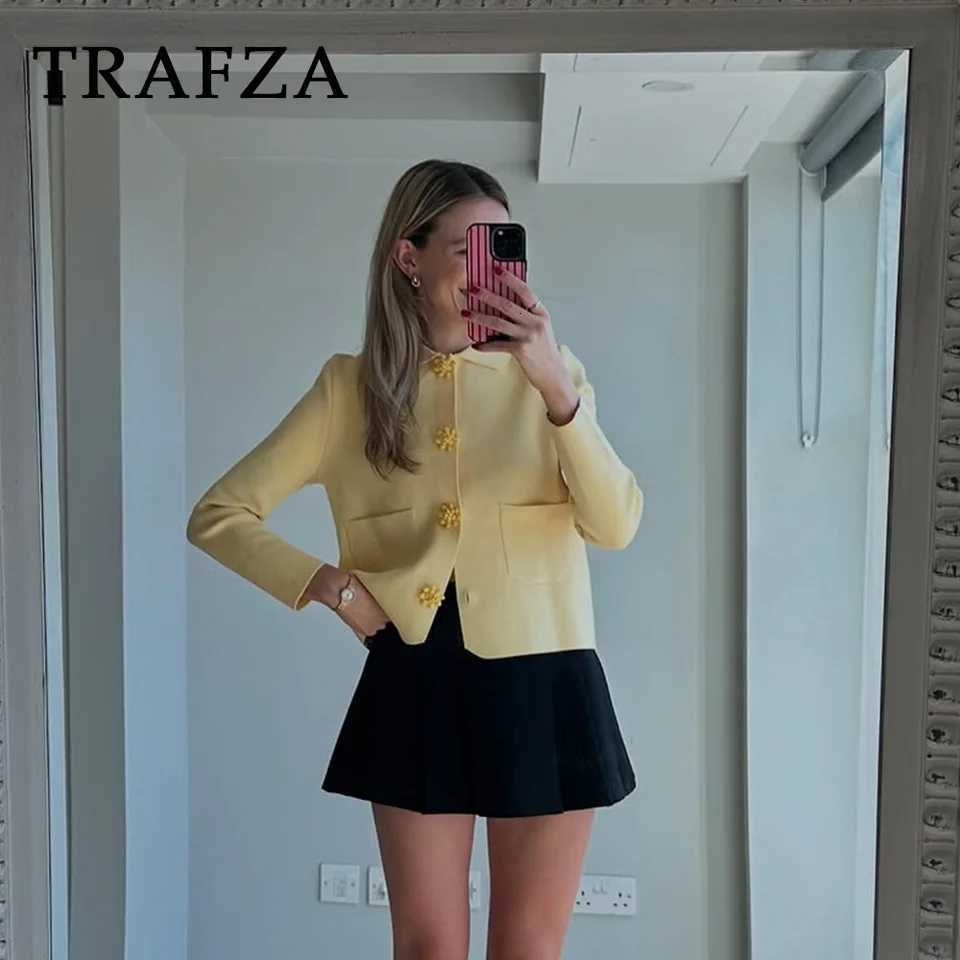 TRAFZA 2025 Fall Winter Butter Yellow Knitted Women Jackets Fashion Streetwear Turndown Collar Solid Button Straight Lady Coats Z250918